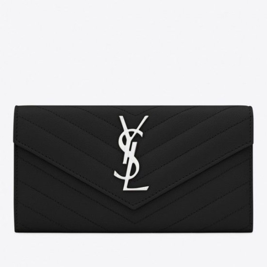 Replica Portafoglio grande con patta monogramma YSL Saint Laurent nero argento Replica Portafoglio grande con patta monogramma YSL Saint Laurent nero argento