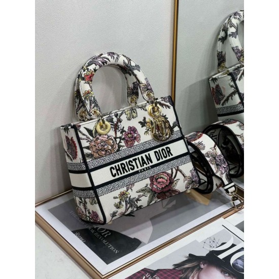 Replica Borsa Christian Dior Medium Lady D-Lite Jardin Botanique Ricamo Bianco