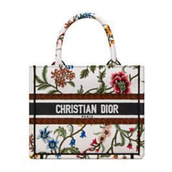 Replica Christian Dior Small Dior Book Tote Bianco Multicolor Ricamo Dior Petites Fleurs