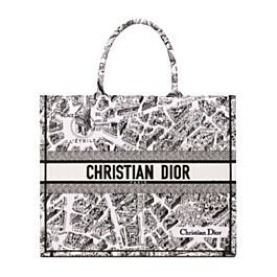 Replica Christian Dior Large Dior Book Tote Borsa con motivo Plan de Paris ricamato nera / bianca