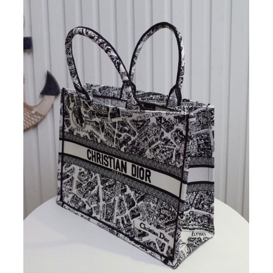 Replica Christian Dior Large Dior Book Tote Borsa con motivo Plan de Paris ricamato nera / bianca