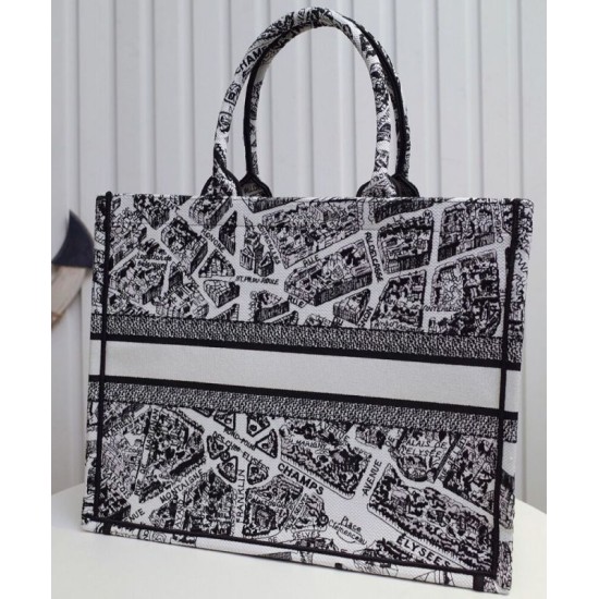 Replica Christian Dior Large Dior Book Tote Borsa con motivo Plan de Paris ricamato nera / bianca