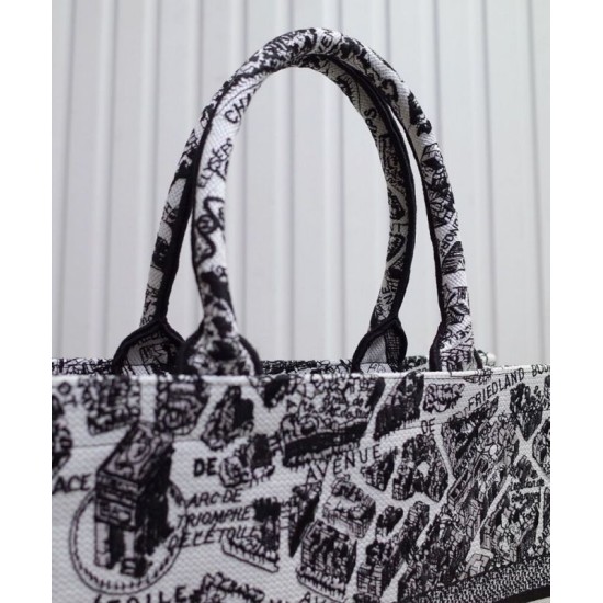 Replica Christian Dior Large Dior Book Tote Borsa con motivo Plan de Paris ricamato nera / bianca