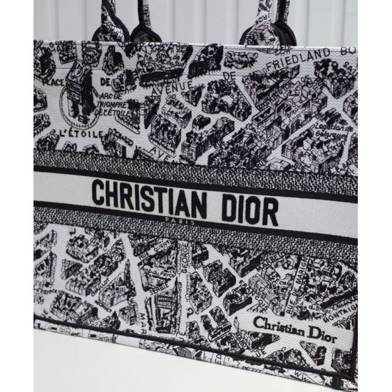 Replica Christian Dior Large Dior Book Tote Borsa con motivo Plan de Paris ricamato nera / bianca