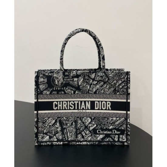 Replica Christian Dior Medium Dior Book Tote Borsa con motivo Plan de Paris ricamato nera