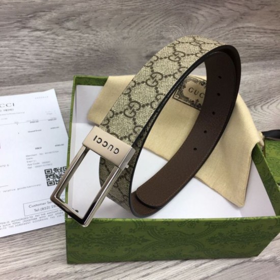 Replica Cintura Gucci GG con fibbia rettangolare 722370 35mm Marrone Argento