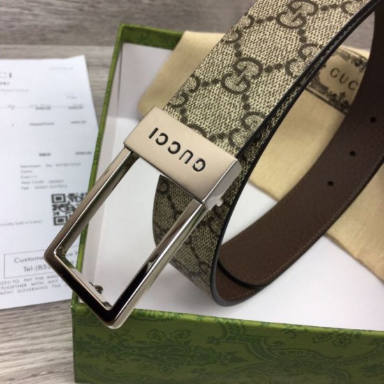 Replica Cintura Gucci GG con fibbia rettangolare 722370 35mm Marrone Argento