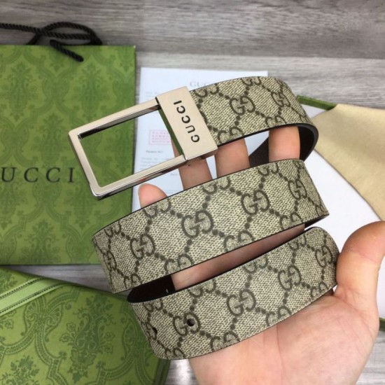 Replica Cintura Gucci GG con fibbia rettangolare 722370 35mm Marrone Argento