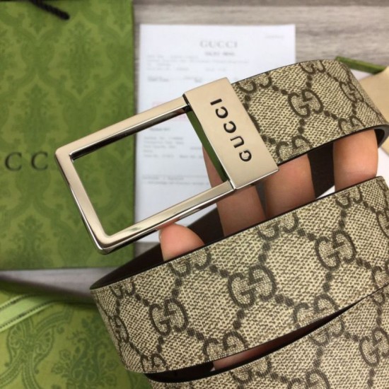 Replica Cintura Gucci GG con fibbia rettangolare 722370 35mm Marrone Argento