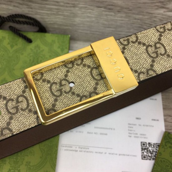 Replica Cintura Gucci GG con fibbia rettangolare 722370 35mm Marrone Oro