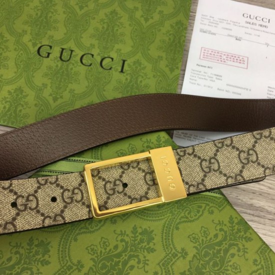 Replica Cintura Gucci GG con fibbia rettangolare 722370 35mm Marrone Oro