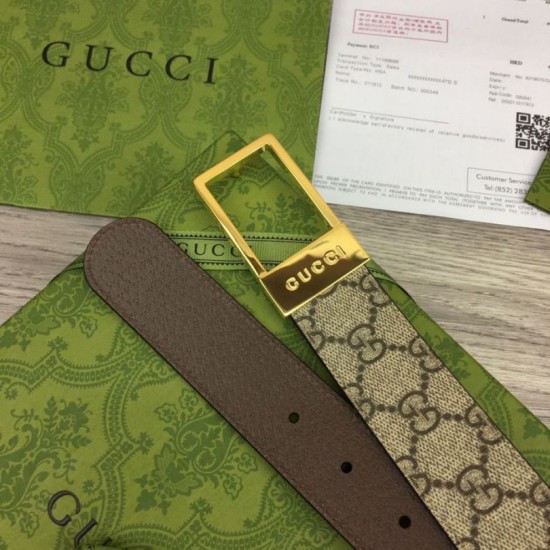 Replica Cintura Gucci GG con fibbia rettangolare 722370 35mm Marrone Oro