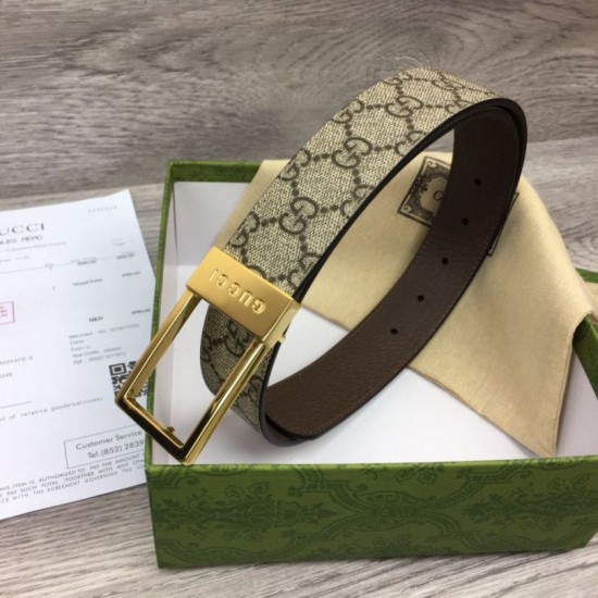 Replica Cintura Gucci GG con fibbia rettangolare 722370 35mm Marrone Oro