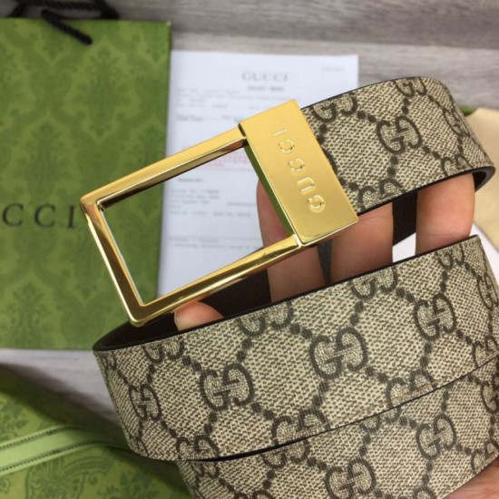 Replica Cintura Gucci GG con fibbia rettangolare 722370 35mm Marrone Oro