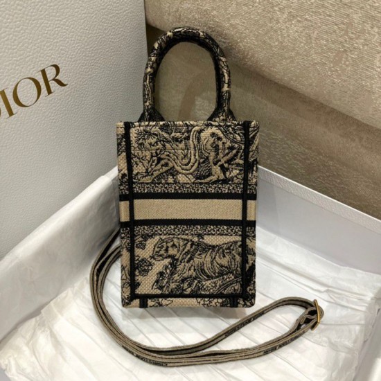 Replica Dior Mini Book Tote Borsa per cellulare Toile de Jouy Ricamo Nocciola