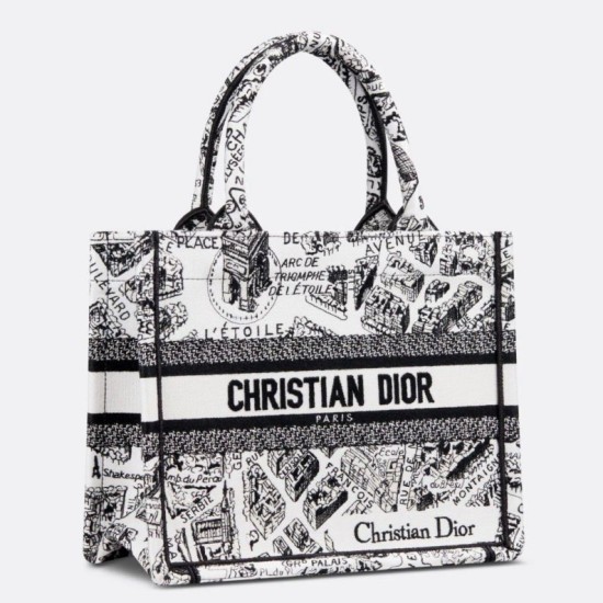 Replica Borsa tote Dior piccola a libro Plan de Paris ricamata bianca