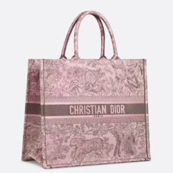 Replica Borsa tote grande per libri Dior Toile de Jouy Sauvage ricamo rosa / grigio