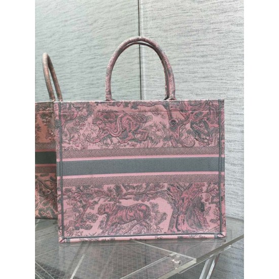 Replica Borsa tote grande per libri Dior Toile de Jouy Sauvage ricamo rosa / grigio