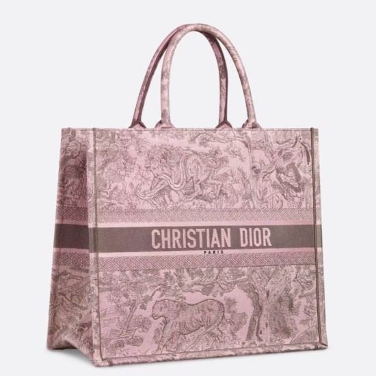 Replica Borsa tote grande per libri Dior Toile de Jouy Sauvage ricamo rosa / grigio