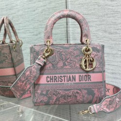 Replica Borsa media Dior Lady D-Lite Toile de Jouy ricamo inverso Grigio / Rosa