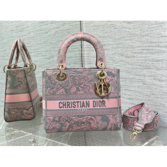 Replica Borsa media Dior Lady D-Lite Toile de Jouy ricamo inverso Grigio / Rosa