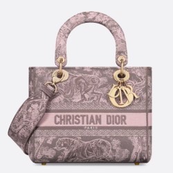 Replica Borsa media Dior Lady D-Lite Toile de Jouy ricamo inverso Grigio / Rosa