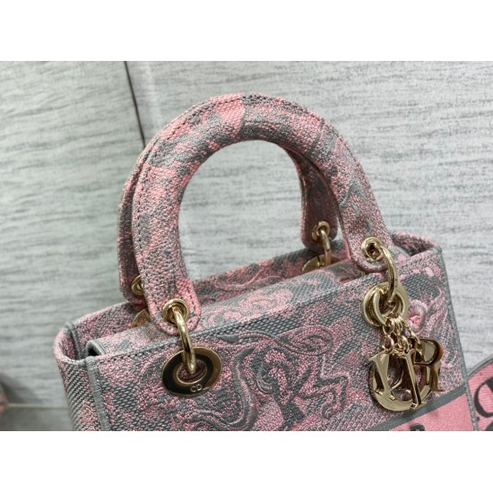 Replica Borsa media Dior Lady D-Lite Toile de Jouy ricamo inverso Grigio / Rosa