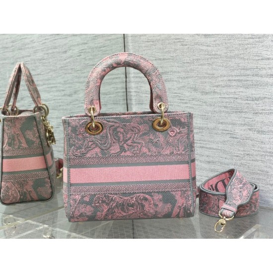 Replica Borsa media Dior Lady D-Lite Toile de Jouy ricamo inverso Grigio / Rosa