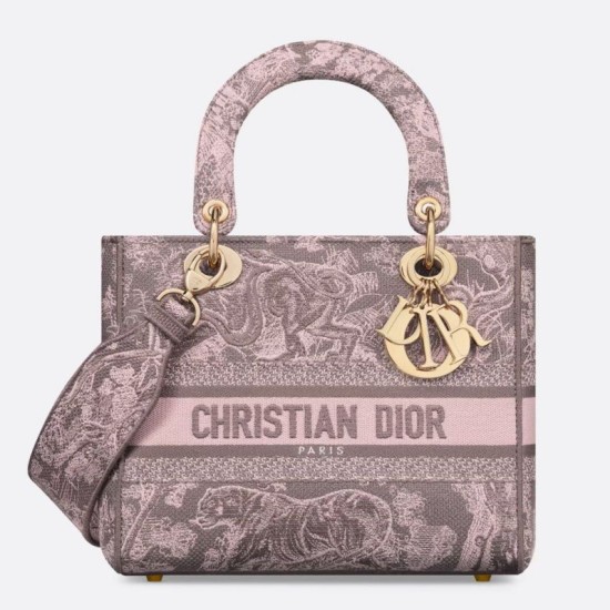 Replica Borsa media Dior Lady D-Lite Toile de Jouy ricamo inverso Grigio / Rosa