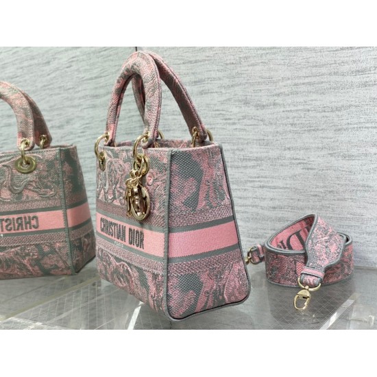 Replica Borsa media Dior Lady D-Lite Toile de Jouy ricamo inverso Grigio / Rosa