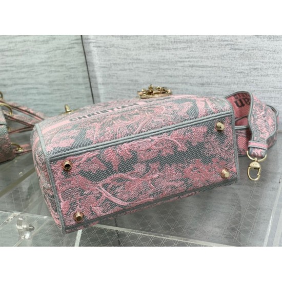 Replica Borsa media Dior Lady D-Lite Toile de Jouy ricamo inverso Grigio / Rosa