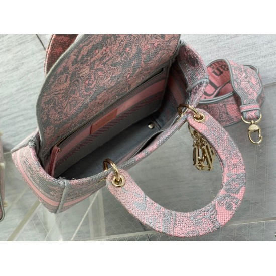 Replica Borsa media Dior Lady D-Lite Toile de Jouy ricamo inverso Grigio / Rosa