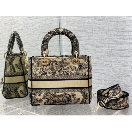 Replica Borsa Dior Medium Lady D-Lite Toile de Jouy Ricamo Marrone