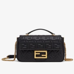 Replica Borsa midi Fendi Baguette con catena in nappa nera