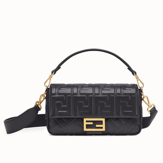 Replica Borsa baguette media Fendi motivo FF nera