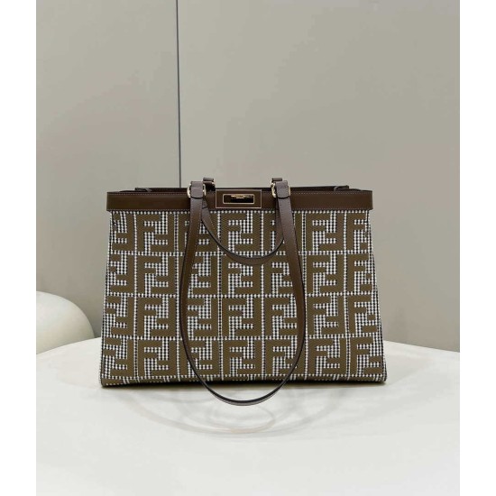 Replica Shopper Fendi X-Tote in lana pied de poule con ricamo FF 8BH374 Marrone