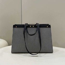 Replica Shopper Fendi X-Tote in lana pied de poule con ricamo FF 8BH374 Grigia