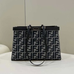 Replica Shopper Fendi X-Tote in lana pied de poule con ricamo FF 8BH374 Grigia