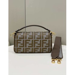 Replica Borsa Fendi Baguette 8BR600 in lana pied de poule con ricamo FF Marrone