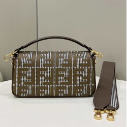 Replica Borsa Fendi Baguette 8BR600 in lana pied de poule con ricamo FF Marrone
