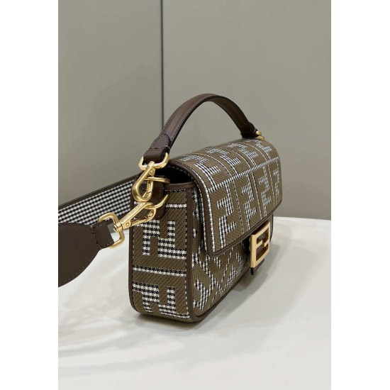 Replica Borsa Fendi Baguette 8BR600 in lana pied de poule con ricamo FF Marrone
