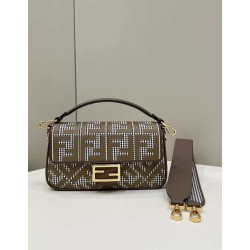 Replica Borsa Fendi Baguette 8BR600 in lana pied de poule con ricamo FF Marrone
