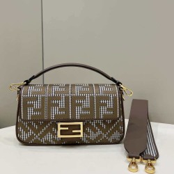 Replica Borsa Fendi Baguette 8BR600 in lana pied de poule con ricamo FF Marrone