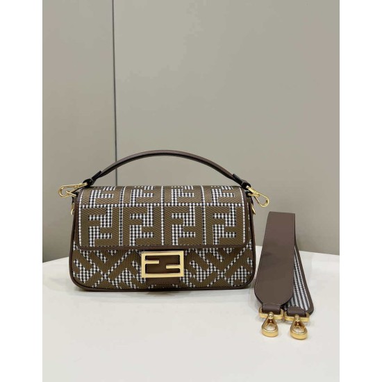 Replica Borsa Fendi Baguette 8BR600 in lana pied de poule con ricamo FF Marrone