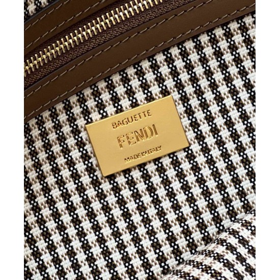 Replica Borsa Fendi Baguette 8BR600 in lana pied de poule con ricamo FF Marrone