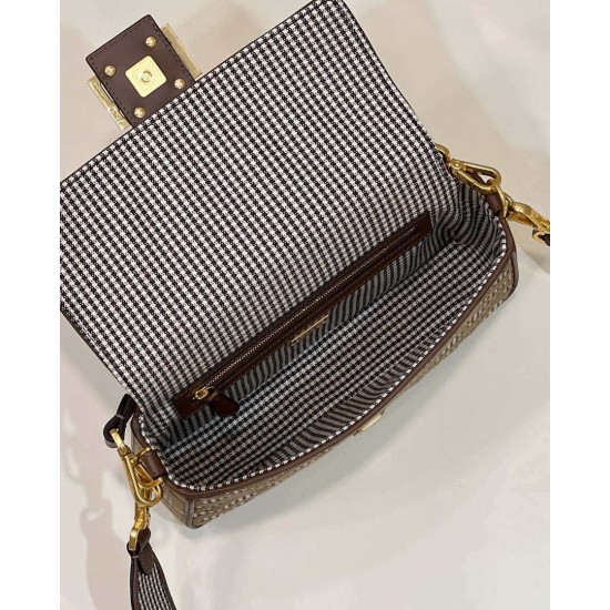 Replica Borsa Fendi Baguette 8BR600 in lana pied de poule con ricamo FF Marrone