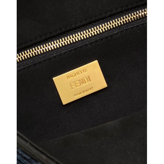 Replica Borsa in tessuto arazzo Fendi 8BR600 Baguette Chain Midi FF Blu Navy