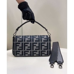 Replica Borsa Fendi Baguette 8BR600 in lana pied de poule con ricamo FF Grigio