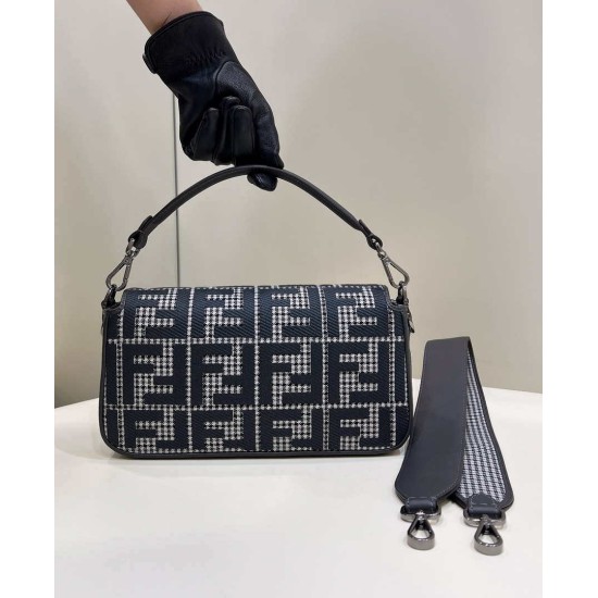 Replica Borsa Fendi Baguette 8BR600 in lana pied de poule con ricamo FF Grigio