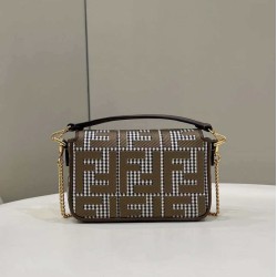 Replica Fendi 8BS017 Borsa Mini Baguette in lana pied de poule con ricamo FF Marrone
